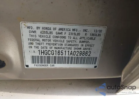 2001 Honda Accord 3.0 Ex из США, поврежденный, VIN 1HGCG16511A029862